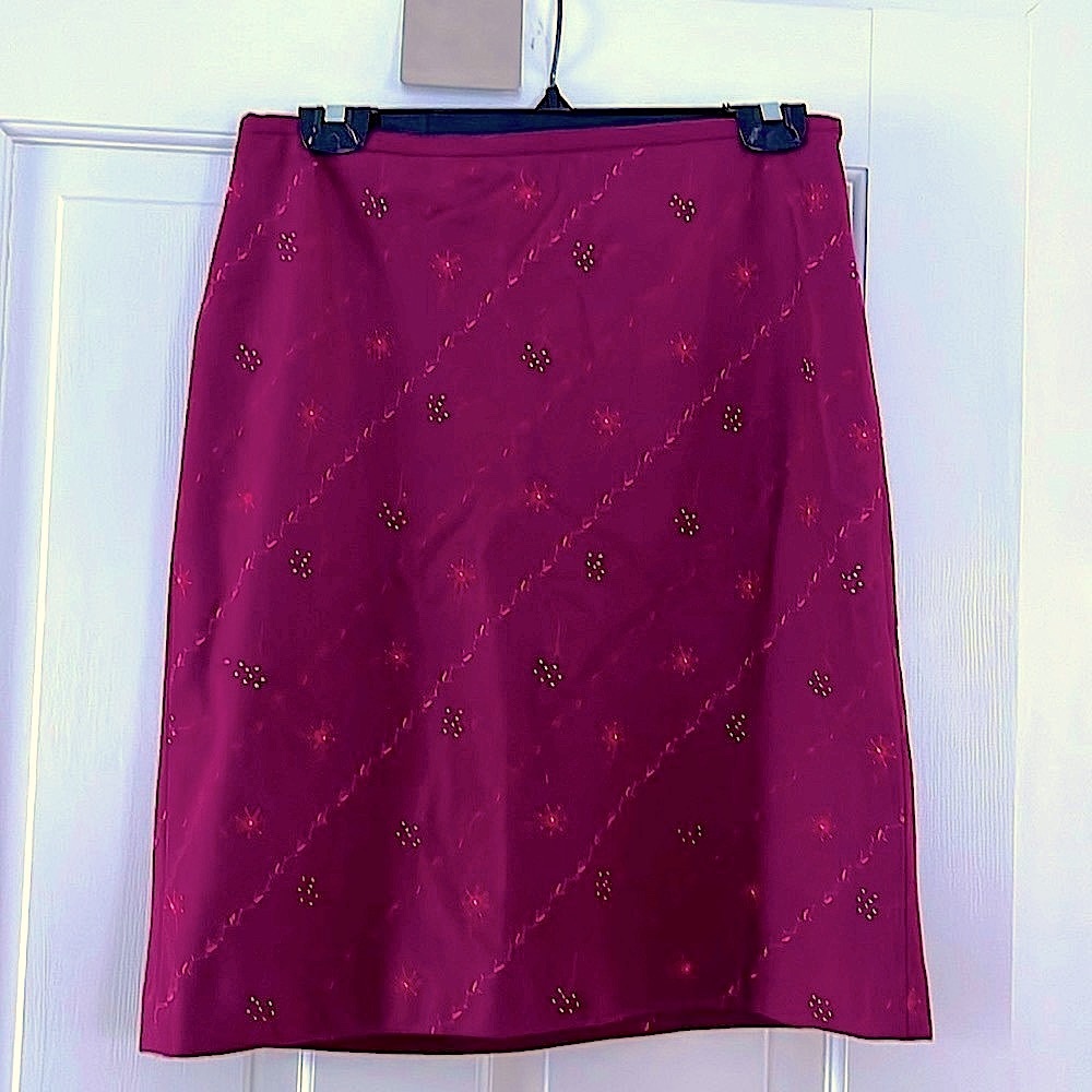 Ann Taylor Dark Raspberry Embroidered Wool Skirt